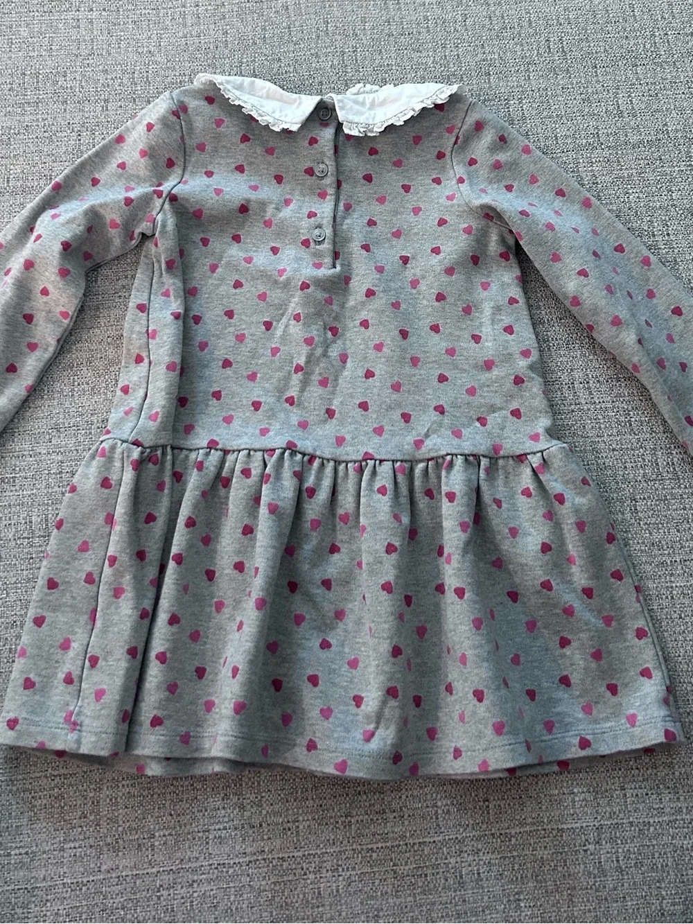 Janie and Jack Gray Dress with Pink Heart Print and White Collar. Size 4